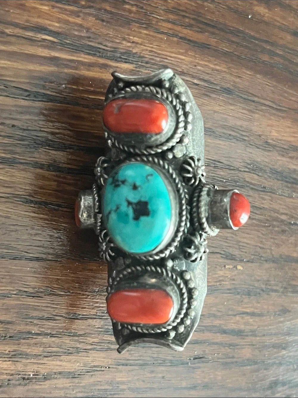 Tibetan 925 Silver Saddle Ring - Turquoise and Coral